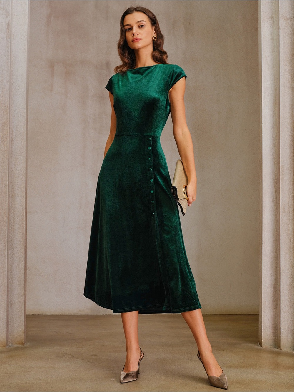 RIHOAS Green Velour A-Line Midi Dress XS NWT